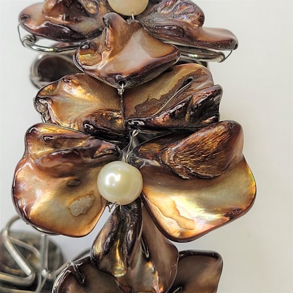 Dark Brown Cuff Bracelet with Pearls and Dyed Mother Of Pearl Shell Bangle -NEW - Picture 12 of 15